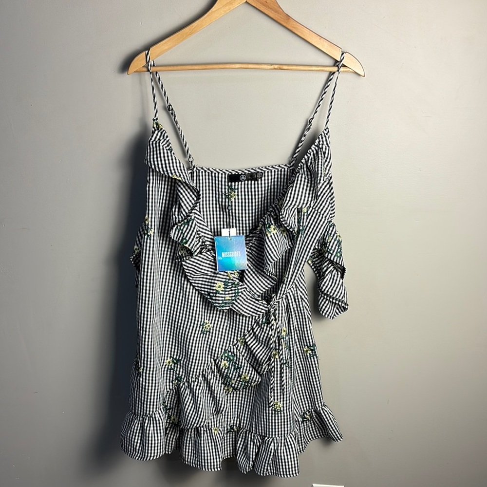 Missguided Gingham Embroidered Flowers Ruffle Dress Off Shoulder Wrap Women's 10